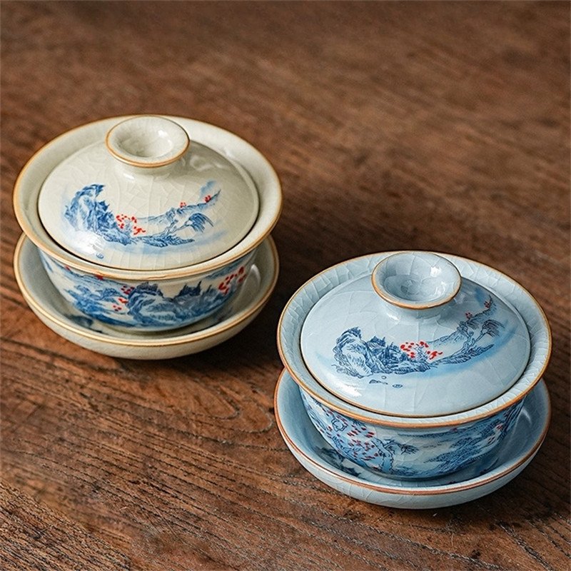 3.38fl Oz/100ml Blue Landscape Painting Ru Kiln Dehua Porcelain Gaiwan Tea Cup For Sale 3.38fl Oz/100ml Blue Landscape Painting Ru Kiln Dehua Porcelain Gaiwan Tea Cup For Sale