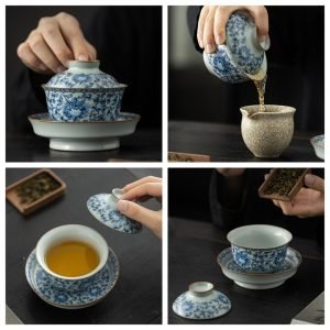 7.77fl Oz/230ml Antique Blue And White Porcelain Entangled Flower Branches Gaiwan Tea Cup