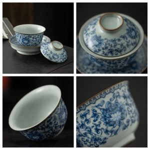 7.77fl Oz/230ml Antique Blue And White Porcelain Entangled Flower Branches Gaiwan Tea Cup