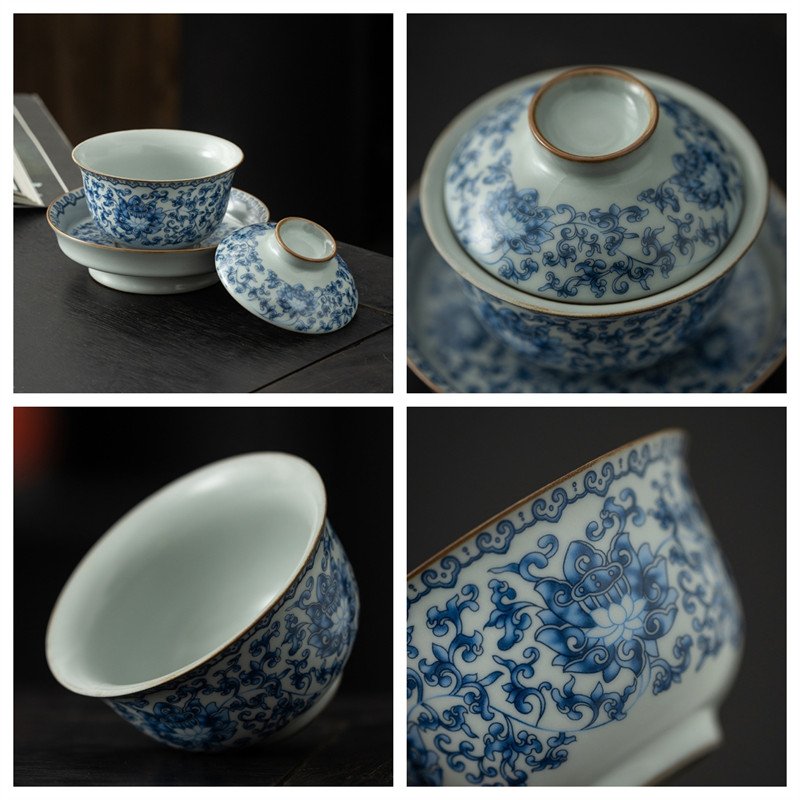 7.77fl Oz/230ml Antique Blue And White Porcelain Entangled Flower Branches Gaiwan Tea Cup 7.77fl Oz/230ml Antique Blue And White Porcelain Entangled Flower Branches Gaiwan Tea Cup