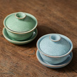 3.38fl Oz/100ml Blue Ice Flower Crack Ru Kiln Dehua Porcelain Gaiwan Tea Cup