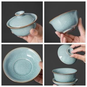 3.38fl Oz/100ml Blue Ice Flower Crack Ru Kiln Dehua Porcelain Gaiwan Tea Cup