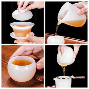 5.41fl Oz/160ml Simple Style Gentle White Jade Colored Glaze Gaiwan Tea Set