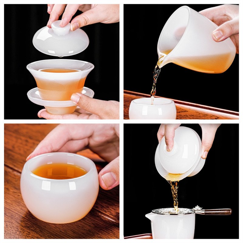 5.41fl Oz/160ml Simple Style Gentle White Jade Colored Glaze Gaiwan Tea Set 5.41fl Oz/160ml Simple Style Gentle White Jade Colored Glaze Gaiwan Tea Set