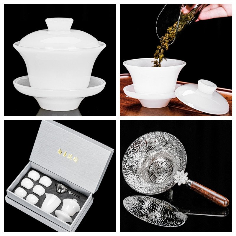 5.41fl Oz/160ml Simple Style Gentle White Jade Colored Glaze Gaiwan Tea Set 5.41fl Oz/160ml Simple Style Gentle White Jade Colored Glaze Gaiwan Tea Set