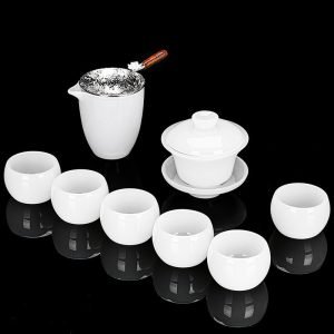 5.41fl Oz/160ml Simple Style Gentle White Jade Colored Glaze Gaiwan Tea Set