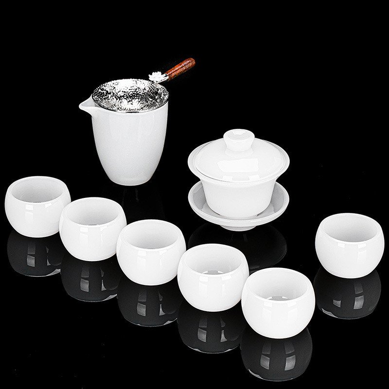 5.41fl Oz/160ml Simple Style Gentle White Jade Colored Glaze Gaiwan Tea Set 5.41fl Oz/160ml Simple Style Gentle White Jade Colored Glaze Gaiwan Tea Set
