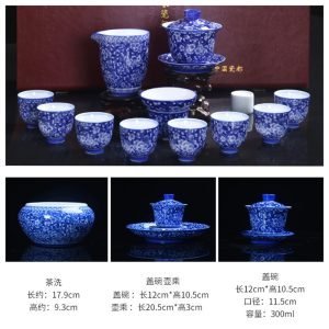 10.13fl Oz/300ml Large Thousands Of Flowers Pattern Blue And White Porcelain Gaiwan Tea Set
