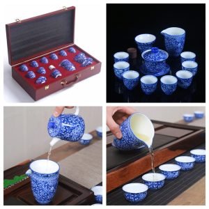 10.13fl Oz/300ml Large Thousands Of Flowers Pattern Blue And White Porcelain Gaiwan Tea Set