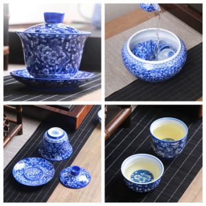 10.13fl Oz/300ml Large Thousands Of Flowers Pattern Blue And White Porcelain Gaiwan Tea Set