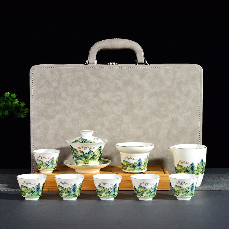 5.41fl Oz/160ml Green Landscape Painting Jade White Porcelain Gaiwan Tea Set 5.41fl Oz/160ml Green Landscape Painting Jade White Porcelain Gaiwan Tea Set