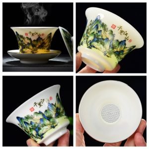 5.41fl Oz/160ml Green Landscape Painting Jade White Porcelain Gaiwan Tea Set