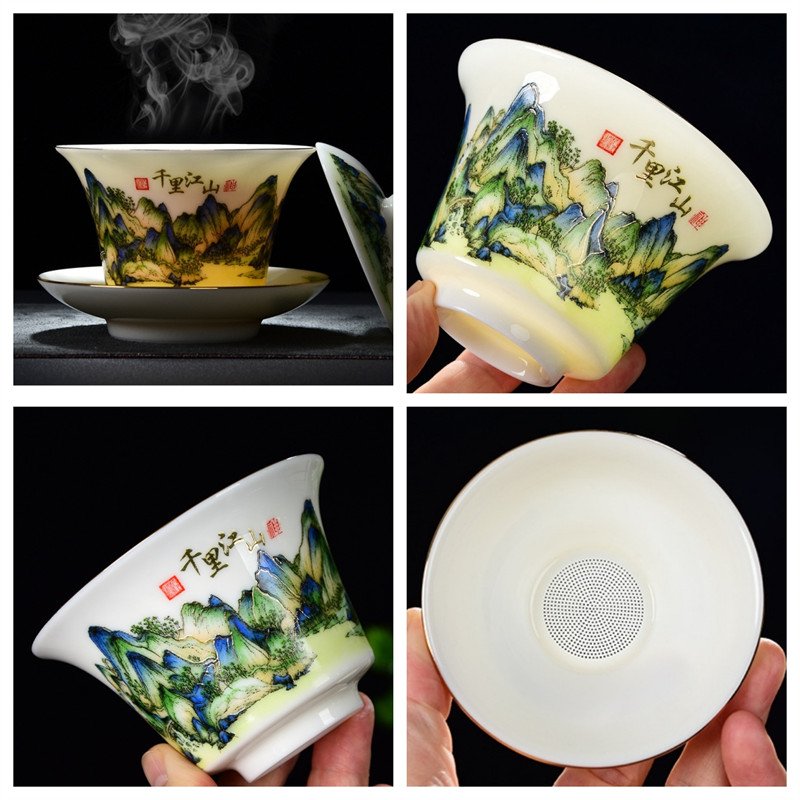 5.41fl Oz/160ml Green Landscape Painting Jade White Porcelain Gaiwan Tea Set 5.41fl Oz/160ml Green Landscape Painting Jade White Porcelain Gaiwan Tea Set