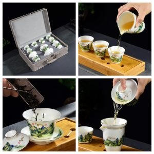 5.41fl Oz/160ml Green Landscape Painting Jade White Porcelain Gaiwan Tea Set