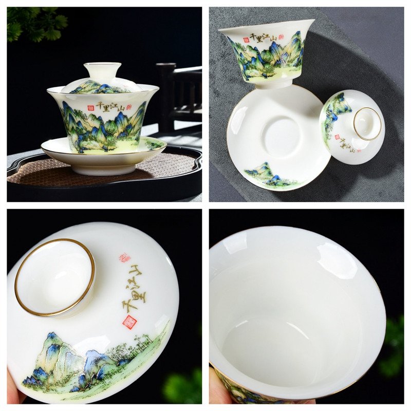 5.41fl Oz/160ml Green Landscape Painting Jade White Porcelain Gaiwan Tea Set 5.41fl Oz/160ml Green Landscape Painting Jade White Porcelain Gaiwan Tea Set