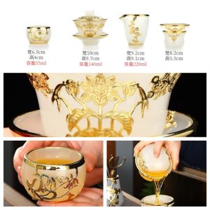 4.73fl Oz/140ml Pure Gold Inlaid With Jade Colored Glaze Gaiwan Tea Set