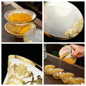 4.73fl Oz/140ml Pure Gold Inlaid With Jade Colored Glaze Gaiwan Tea Set