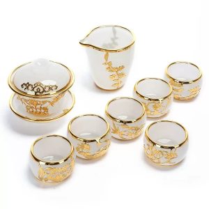 4.73fl Oz/140ml Pure Gold Inlaid With Jade Colored Glaze Gaiwan Tea Set