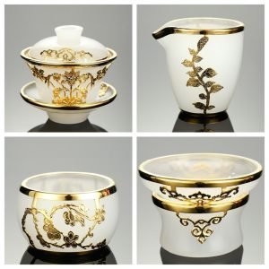 4.73fl Oz/140ml Pure Gold Inlaid With Jade Colored Glaze Gaiwan Tea Set