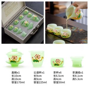 5.74fl Oz/170ml Pure Gold Inlaid Lotus Pattern Green Jade Colored Glaze Gaiwan Tea Set