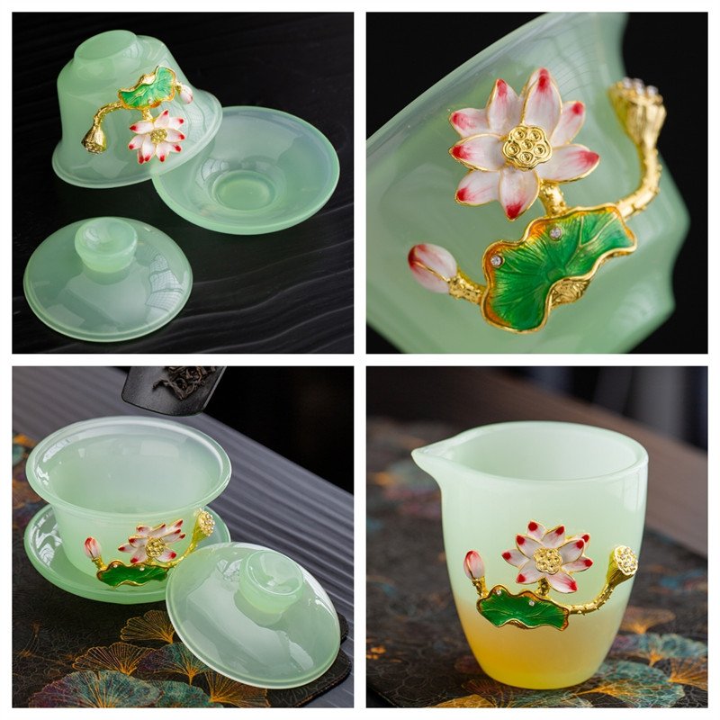 5.74fl Oz/170ml Pure Gold Inlaid Lotus Pattern Green Jade Colored Glaze Gaiwan Tea Set 5.74fl Oz/170ml Pure Gold Inlaid Lotus Pattern Green Jade Colored Glaze Gaiwan Tea Set