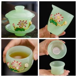 5.74fl Oz/170ml Pure Gold Inlaid Lotus Pattern Green Jade Colored Glaze Gaiwan Tea Set