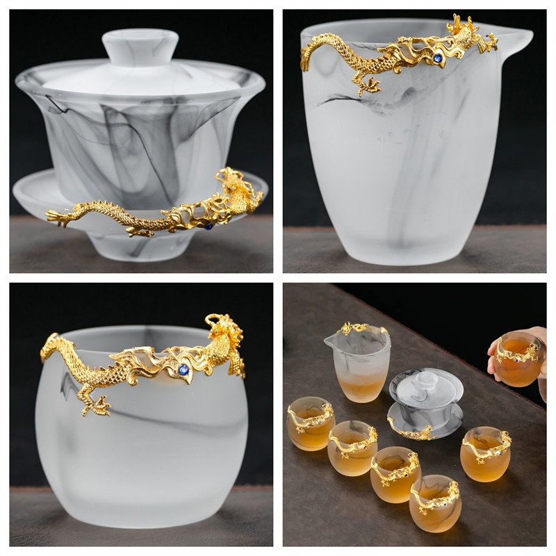 8.78fl Oz/260ml Pure Gold Carved Dragon Ink White Jade Colored Glaze Large Gaiwan Tea Set 8.78fl Oz/260ml Pure Gold Carved Dragon Ink White Jade Colored Glaze Large Gaiwan Tea Set