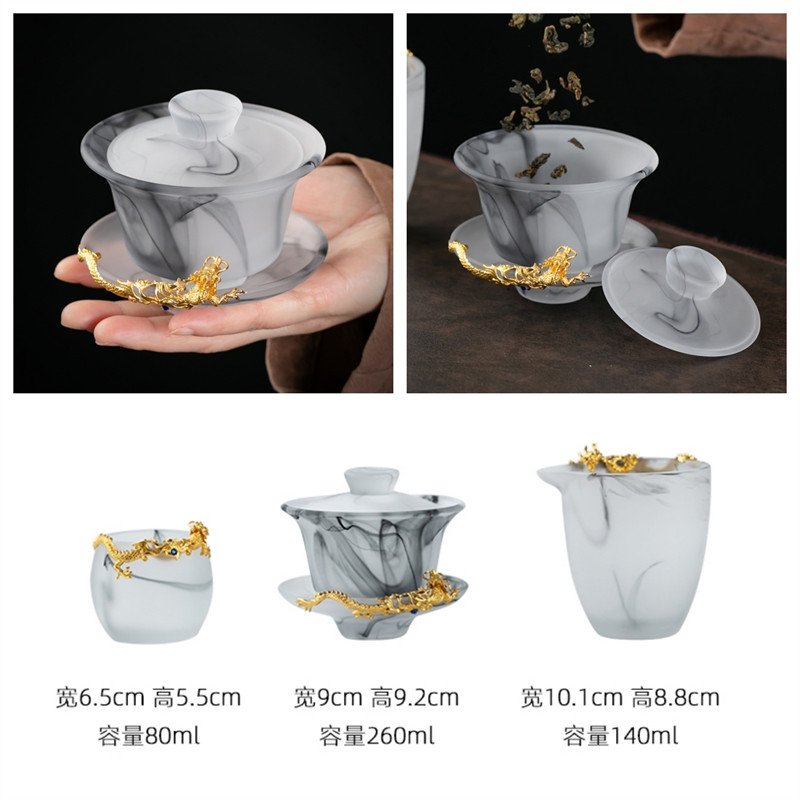 8.78fl Oz/260ml Pure Gold Carved Dragon Ink White Jade Colored Glaze Large Gaiwan Tea Set 8.78fl Oz/260ml Pure Gold Carved Dragon Ink White Jade Colored Glaze Large Gaiwan Tea Set