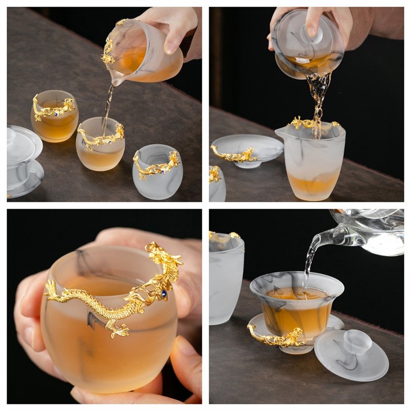 8.78fl Oz/260ml Pure Gold Carved Dragon Ink White Jade Colored Glaze Large Gaiwan Tea Set 8.78fl Oz/260ml Pure Gold Carved Dragon Ink White Jade Colored Glaze Large Gaiwan Tea Set