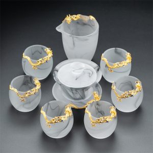 8.78fl Oz/260ml Pure Gold Carved Dragon Ink White Jade Colored Glaze Large Gaiwan Tea Set