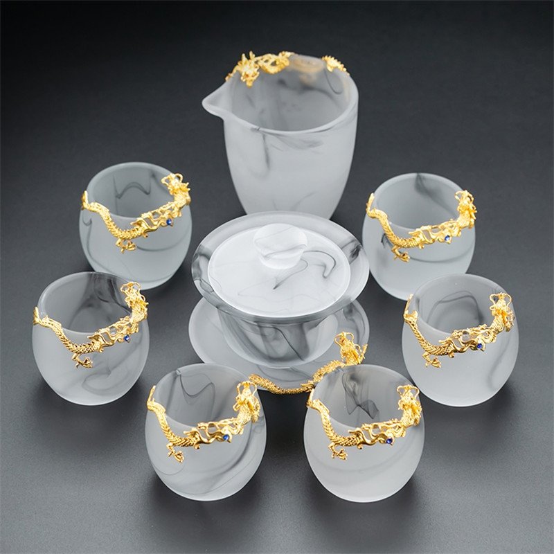 8.78fl Oz/260ml Pure Gold Carved Dragon Ink White Jade Colored Glaze Large Gaiwan Tea Set 8.78fl Oz/260ml Pure Gold Carved Dragon Ink White Jade Colored Glaze Large Gaiwan Tea Set