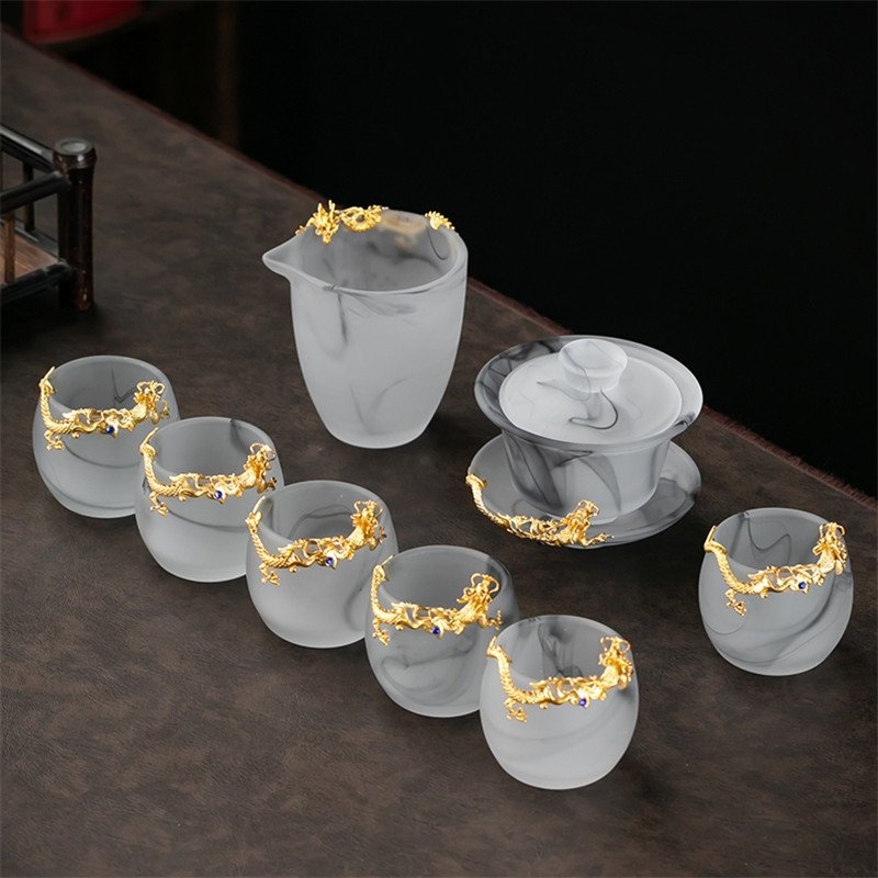 8.78fl Oz/260ml Pure Gold Carved Dragon Ink White Jade Colored Glaze Large Gaiwan Tea Set 8.78fl Oz/260ml Pure Gold Carved Dragon Ink White Jade Colored Glaze Large Gaiwan Tea Set