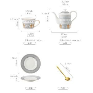 Striped Elegance Blue And Gold Hand Painted Bone China Vintage Tea And Coffee Set For Adults
