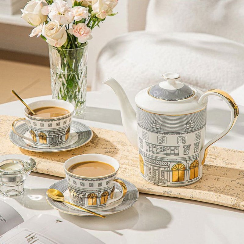 Striped Elegance Blue And Gold Hand Painted Bone China Vintage Tea And Coffee Set For Adults Striped Elegance Blue And Gold Hand Painted Bone China Vintage Tea And Coffee Set For Adults