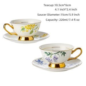 Simple Royal And Elegant Golden Rim Fine Bone China Vintage Tea Cup Set With Saucers