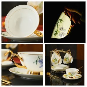 Simple Royal And Elegant Golden Rim Fine Bone China Vintage Tea Cup Set With Saucers