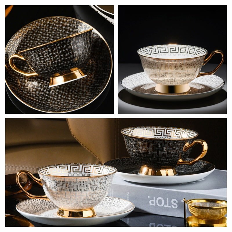 Luxurious And Royal Vintage Patterned Fine Bone China Porcelain Tea Cups And Saucers Set For Sale Luxurious And Royal Vintage Patterned Fine Bone China Porcelain Tea Cups And Saucers Set For Sale