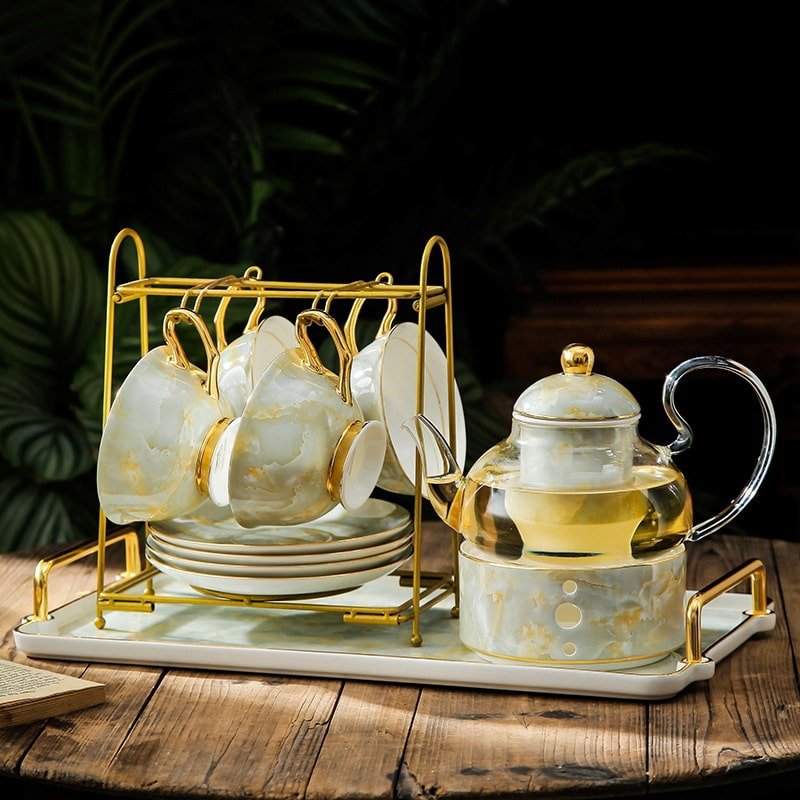 Marble Pink And Green Elegant Vintage Bone China Porcelain And Glass Tea Set With Warmer Marble Pink And Green Elegant Vintage Bone China Porcelain And Glass Tea Set With Warmer
