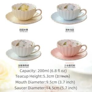 Blue And Pink Pastel Pumpkin-shaped Hand-painted Flowers Bone China Vintage Style Tea Cups And Saucers