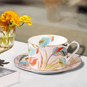 Green And White Golden Rim Royal Bone China Vintage Tea Cups And Saucers Set Cheap For Sale