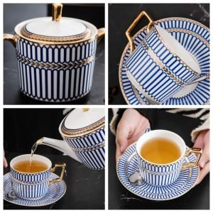 Striped Elegance Blue And Gold Hand Painted Bone China Vintage Tea And Coffee Set For Adults