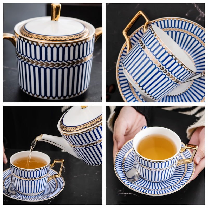 Striped Elegance Blue And Gold Hand Painted Bone China Vintage Tea And Coffee Set For Adults Striped Elegance Blue And Gold Hand Painted Bone China Vintage Tea And Coffee Set For Adults