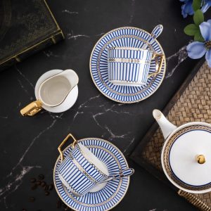 Striped Elegance Blue And Gold Hand Painted Bone China Vintage Tea And Coffee Set For Adults