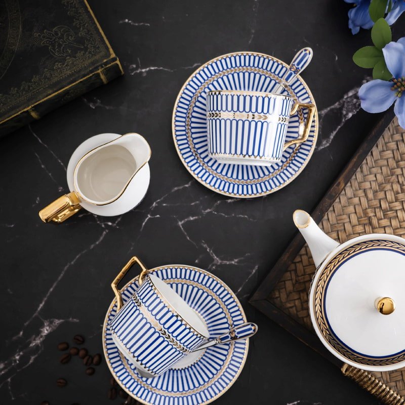 Striped Elegance Blue And Gold Hand Painted Bone China Vintage Tea And Coffee Set For Adults Striped Elegance Blue And Gold Hand Painted Bone China Vintage Tea And Coffee Set For Adults