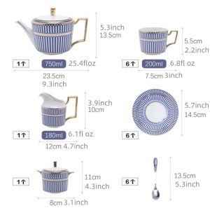 Striped Elegance Blue And Gold Hand Painted Bone China Vintage Tea And Coffee Set For Adults
