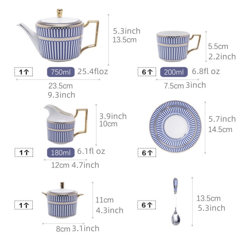 Striped Elegance Blue And Gold Hand Painted Bone China Vintage Tea And Coffee Set For Adults Striped Elegance Blue And Gold Hand Painted Bone China Vintage Tea And Coffee Set For Adults