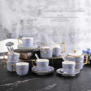 Striped Elegance Blue And Gold Hand Painted Bone China Vintage Tea And Coffee Set For Adults