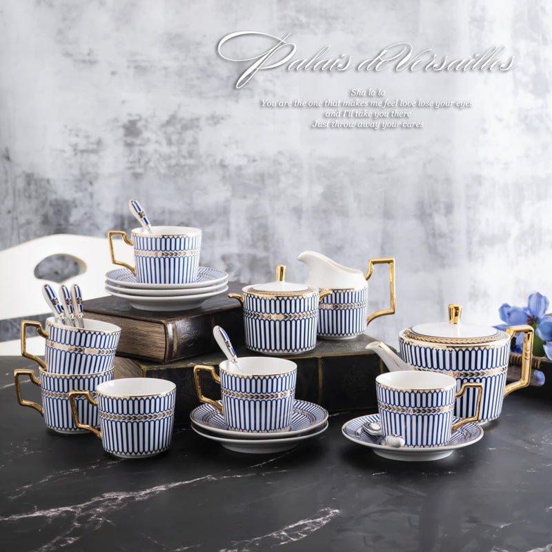 Striped Elegance Blue And Gold Hand Painted Bone China Vintage Tea And Coffee Set For Adults Striped Elegance Blue And Gold Hand Painted Bone China Vintage Tea And Coffee Set For Adults