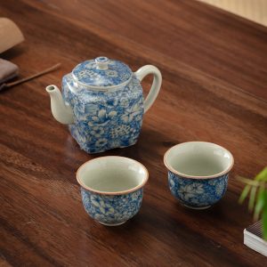 6.8 Fl Oz/200 Ml Traditional Antique White And Blue Porcelain Chinese Square Teapot Set