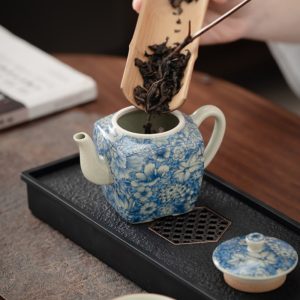 6.8 Fl Oz/200 Ml Traditional Antique White And Blue Porcelain Chinese Square Teapot Set